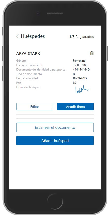 Dispositivo móvil donde se muestra la información de los huéspedes
