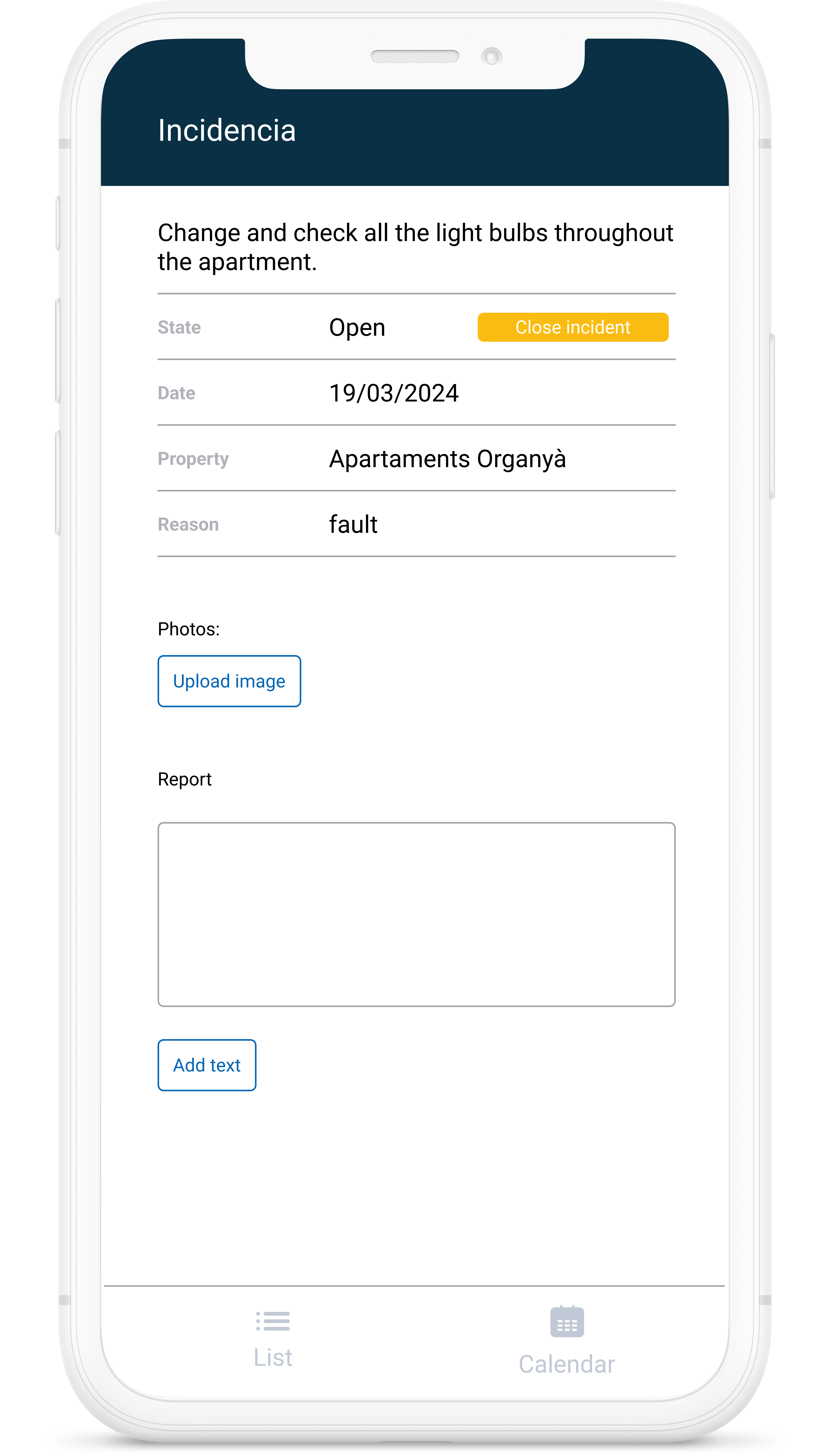 Dispositivo móvil donde se muestra la ficha de incidencia podrán ver el detalle del problema a resolver dentro de la app