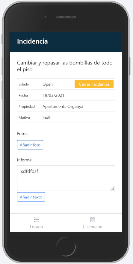 Dispositivo móvil donde se muestra la ficha de incidencia podrán ver el detalle del problema a resolver dentro de la app
