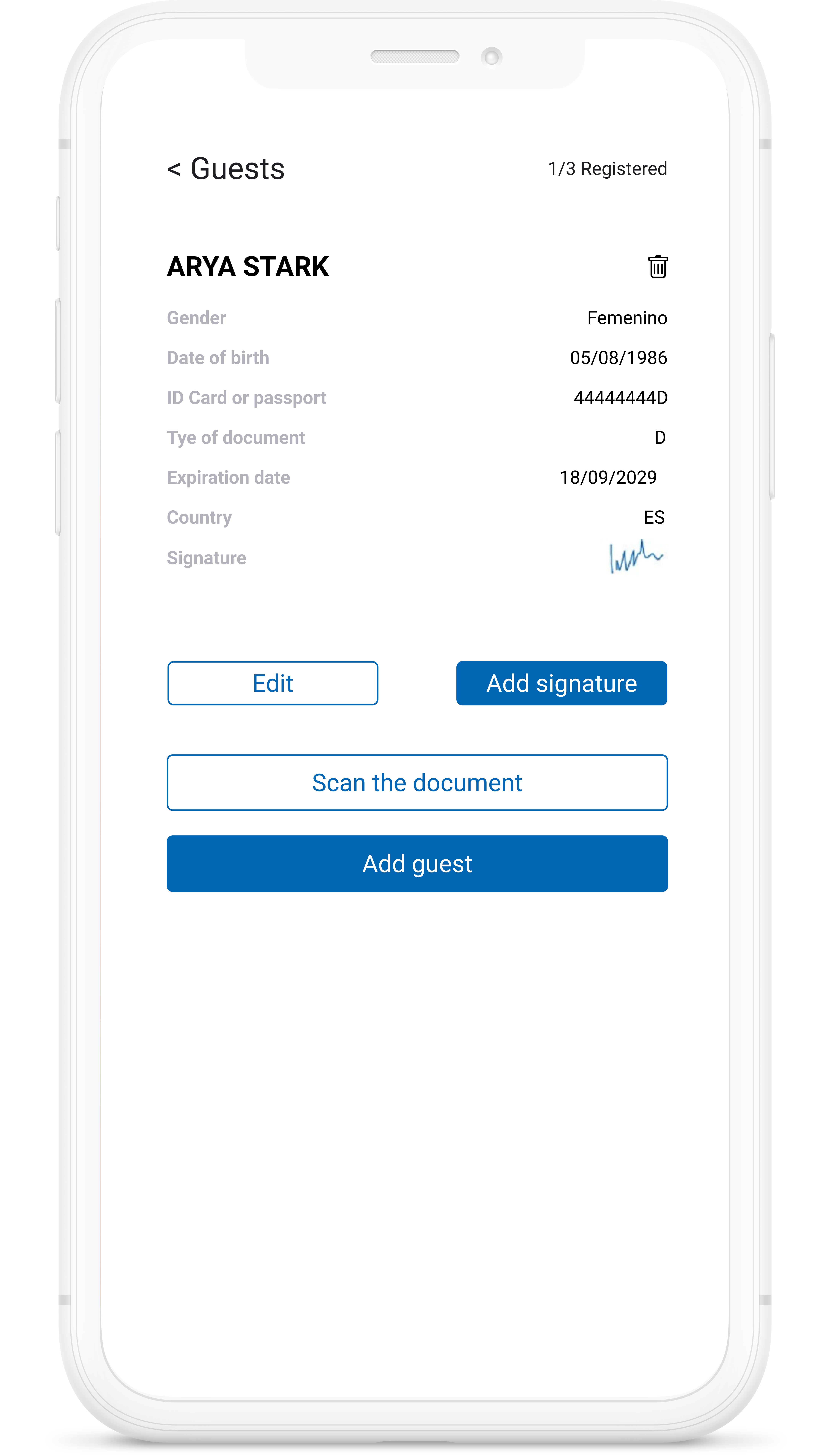 Dispositivo móvil donde se muestra la información de los huéspedes